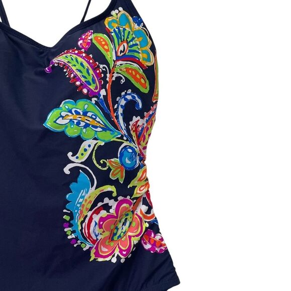 NWT Anne Cole Paisley Pom Lace-Up One Piece Swimsuit Navy Blue Multi Size 14 - Picture 10 of 16